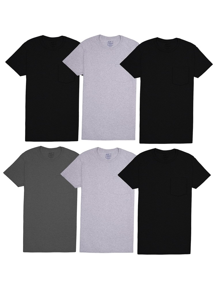 6 Pack Mens Eversoft 100% Cotton Stay Tucked Pocket Crew T-Shirt Large May Vary