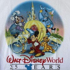 Vintage 90s Disney World 25 Years Mickey Goofy Simba Genie T-Shirt S USA Made