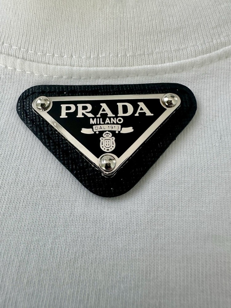 Prada White Triangle Logo Plaque T-Shirt Mens Medium Designer Cotton