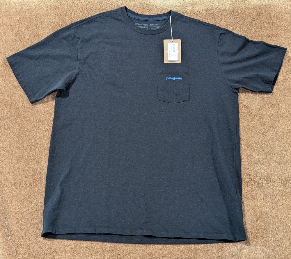 New Patagonia Responsibili-Tee Men’s L Regular Fit Black Pocket Logo Graphic Tee