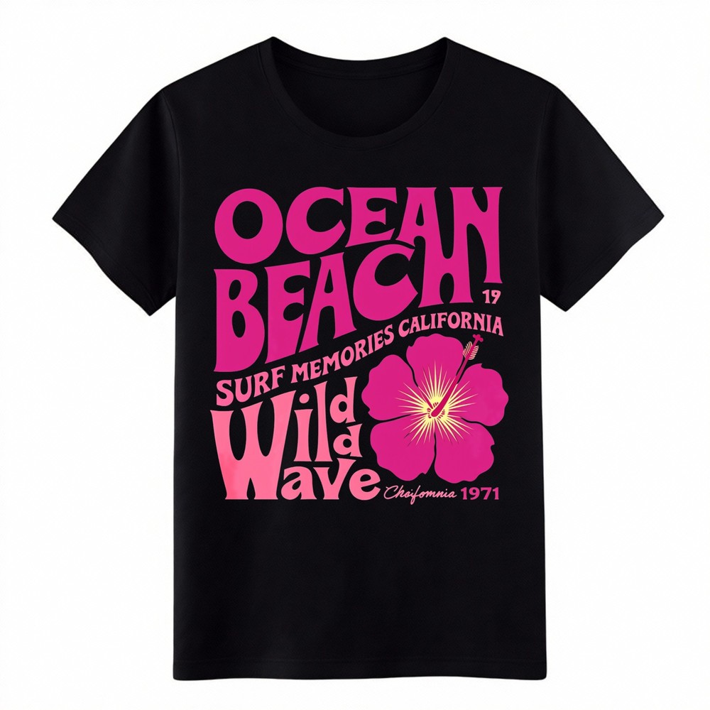 Ocean Beach Wild Wave T-Shirt Hibiscus Beach Vacation Casual Tee Free Shipping