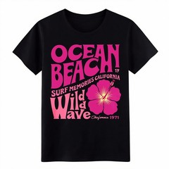 Ocean Beach Wild Wave T-Shirt Hibiscus Beach Vacation Casual Tee Free Shipping
