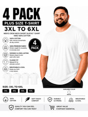 4 Pack Men’s Plus Size Crew Neck Heavyweight Cotton T-Shirts 3XL-6XL Black White