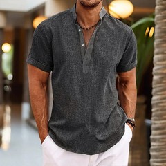 2023 Men’s Casual Short Sleeve Cotton Linen Shirts Streetwear Pure Color