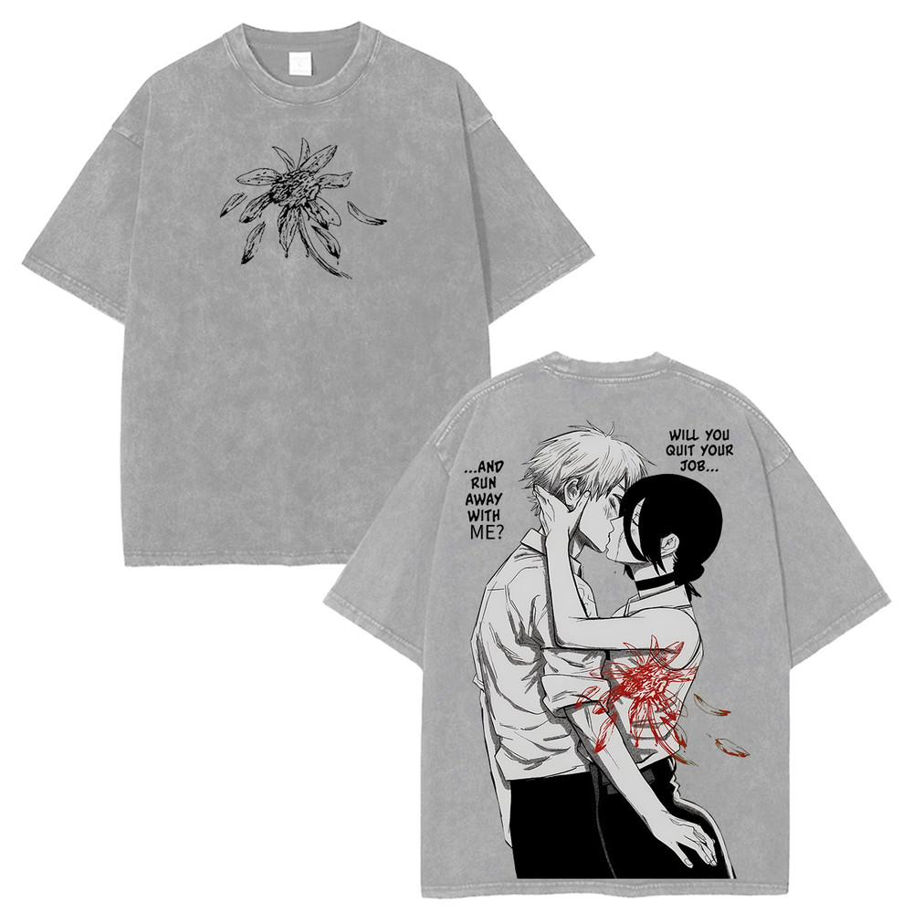 Chainsaw Man Denji Reze Kiss Run Away Quote Manga Graphic TShirt