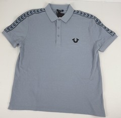 True Religion Polo Shirt Mens Small Sky Blue Logo Damask Cotton Blend Short Slve