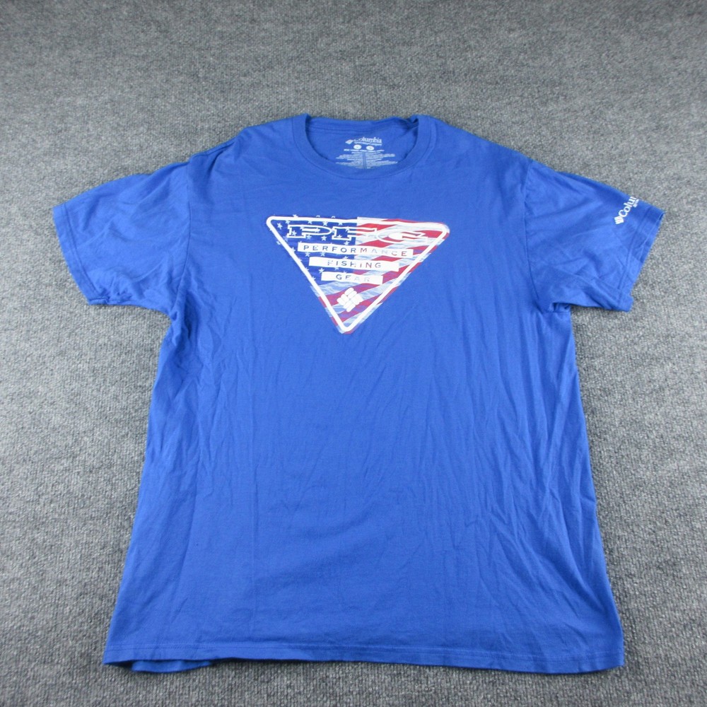 Columbia PFG Shirt Mens L Blue Short Sleeve Flag Logo Graphic Tee Fishing