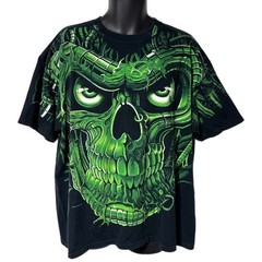 Vintage 1998 Liquid Blue Terminator Skull Glow Dark AOP Tee Shirt 2X Cyborg
