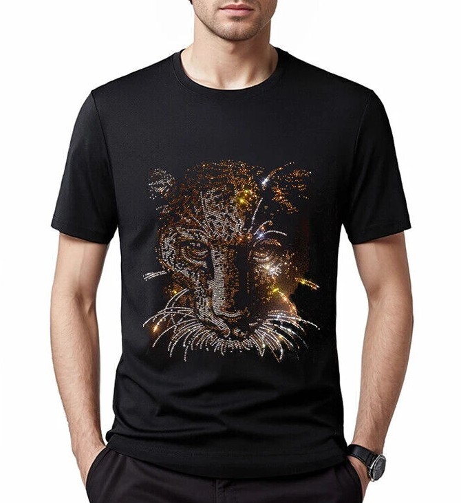 New Men Luxury Diamond Leopard Rhinestones Fashion Black T-Shirt High Quality