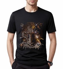 New Men Luxury Diamond Leopard Rhinestones Fashion Black T-Shirt High Quality