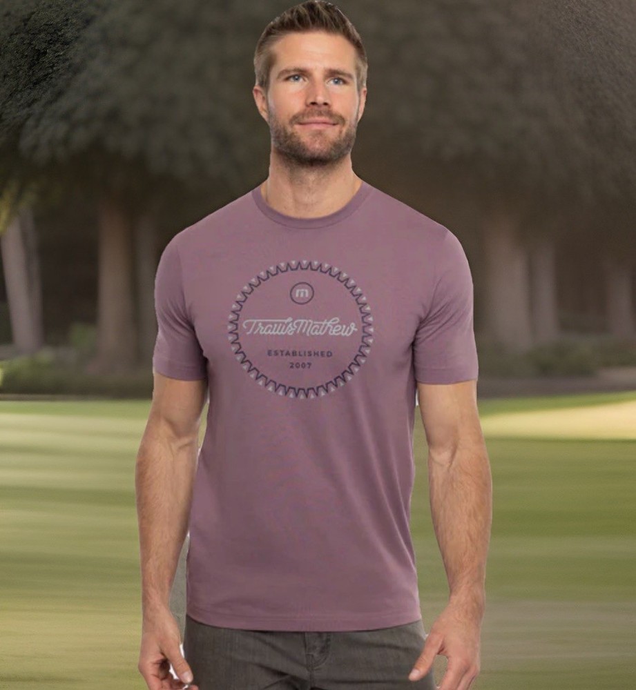 TRAVIS MATHEW T-Shirt Mens Medium Mauve Short Sleeve Crew Neck Logo SOFT Cotton