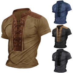 Men’s New Summer Color Contrast Small Stand Lace Up Short Sleeved Top Men’s T