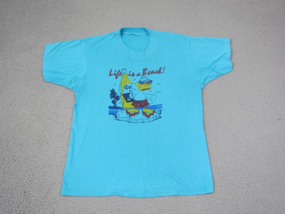 Vintage Life Is A Beach Duck Shirt Mens Medium Blue Single Stitch Beer 70s 80s