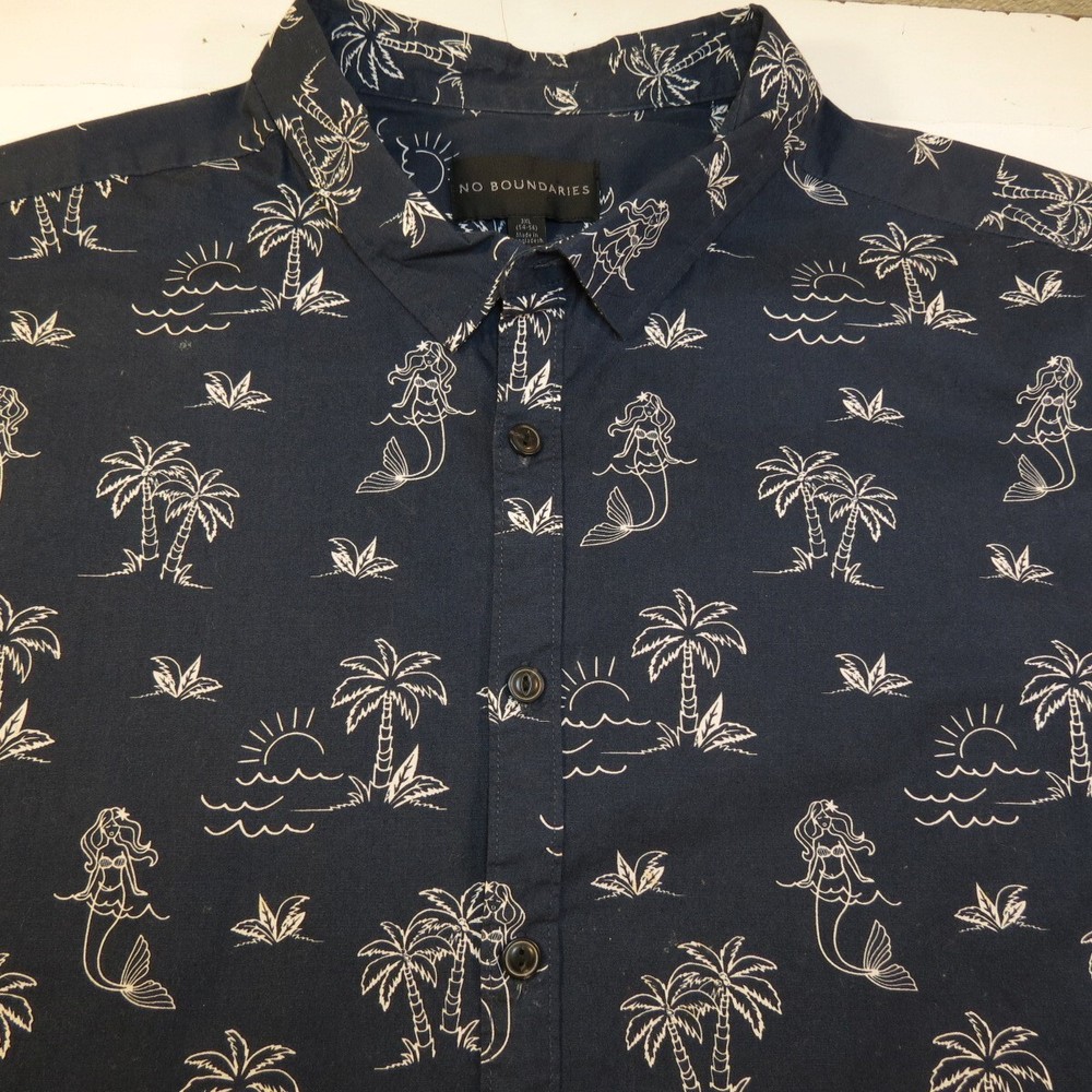 NO BOUNDARIES MERMAID BEACH HAWAII ALOHA HAWAIIAN PATTERN SHIRT Mens 3XL Blue