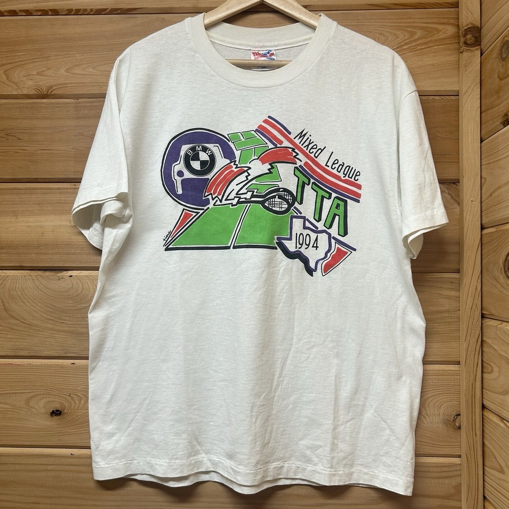 Vintage 90s Mixed League Texas Tennis Association BMW Car Graphic T Shirt Size L