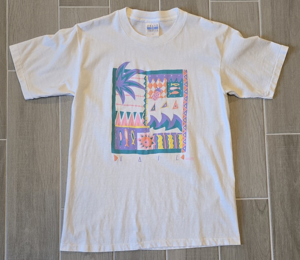 Vintage Vail Shirt Single-Stitch Art Large 90s Puff Print Colorful Fresh Produce