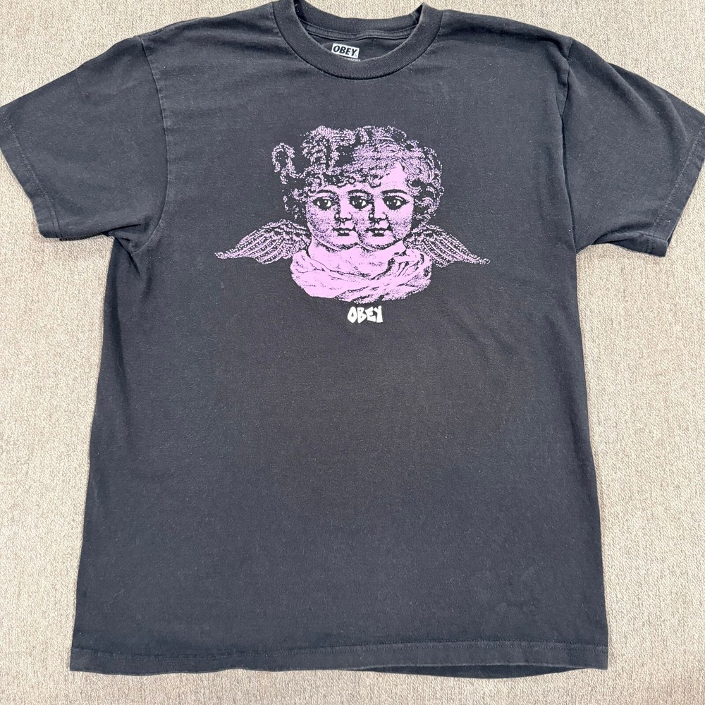 Obey Angel Cherub Graphic T Shirt Mens M Black Purple Streetwear Tee