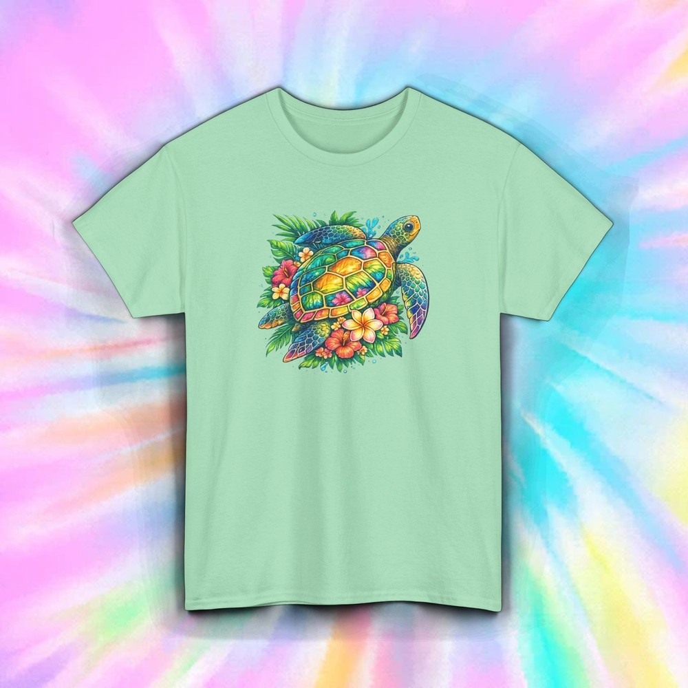 Sea Turtle Hawaiian Floral Tie Dye Art T-Shirt Tropical Beach Ocean Graphic Tee