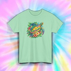 Sea Turtle Hawaiian Floral Tie Dye Art T-Shirt Tropical Beach Ocean Graphic Tee