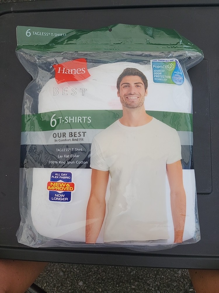 Hanes Best Tagless T-Shirt Lay-Flat Collar Tagless Cool Comfort, White, 6 Count