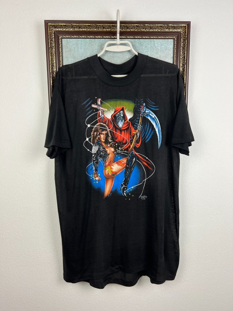 Vintage 80’s 3D Emblem Graphic Biker Reaper Sexy Tee Shirt Black Mens Rare Sz XL