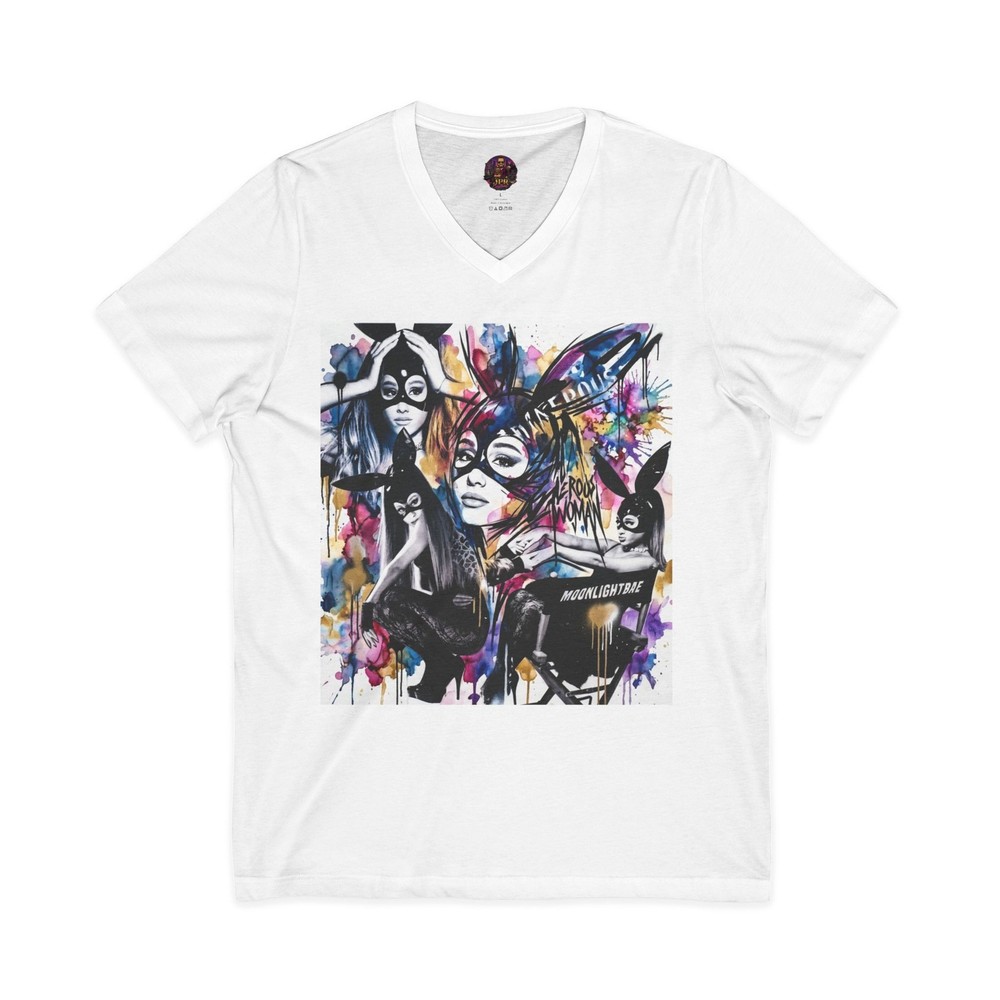 Retro Neon Pop Art V-Neck Graphic T Bunny Mask Streetwear Watercolor Shirt 3005