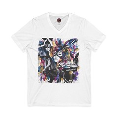 Retro Neon Pop Art V-Neck Graphic T Bunny Mask Streetwear Watercolor Shirt 3005