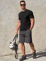 Men’s Henley Shirt Short Sleeve Casual Ribbed Knitted Summer T-Shirt SL