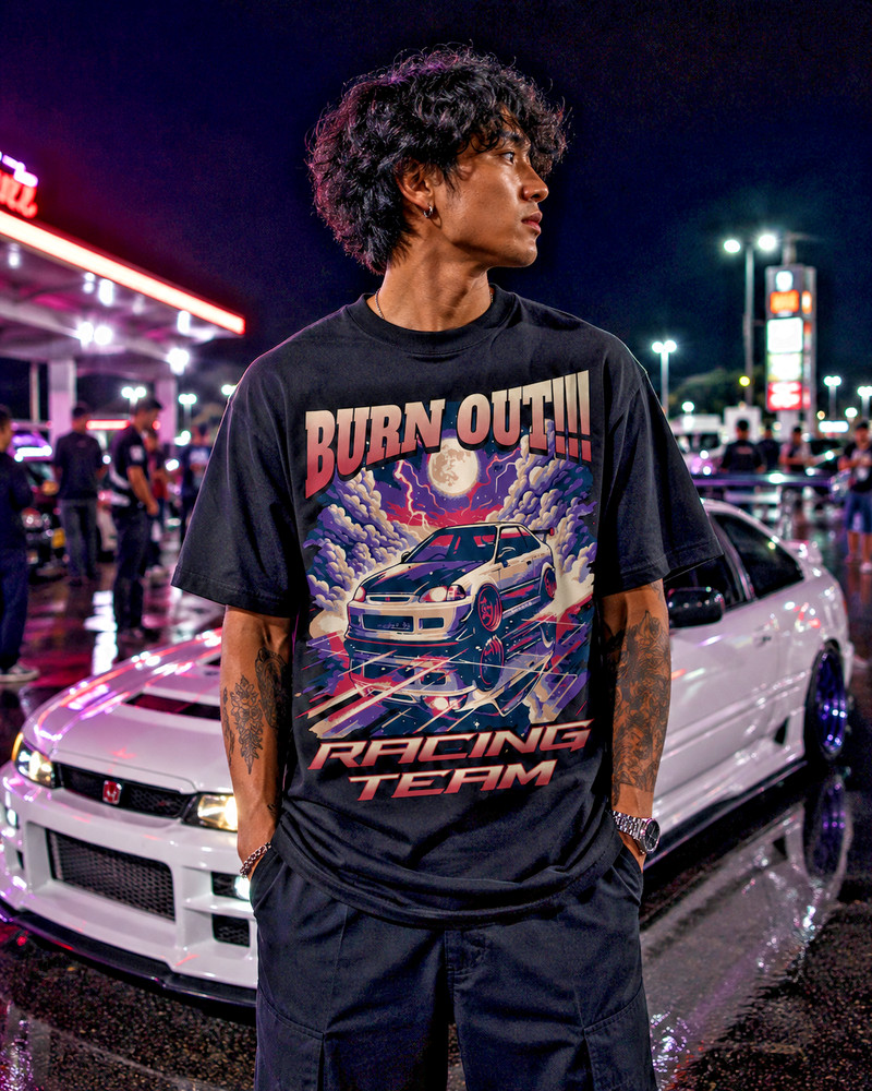 JDM Honda Civic Racing Graphic Burnout Drift Car Japanese Streetwear Tee EM1