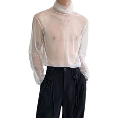 Mens Mesh Sheer Turtleneck Casual Long Sleeve Shirt For Streetwear Use