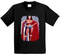 Lynda Carter 70s Celebrity Sexy Vintage Wonder Woman Worn Look Black T Shirt