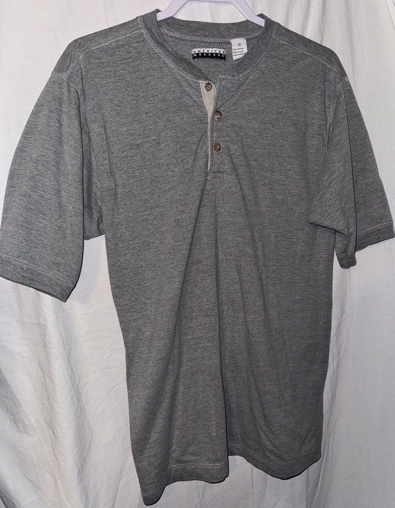 American Weekend Medium Gray Short Sleeve Henley T-Shirt 100% Cotton Casual