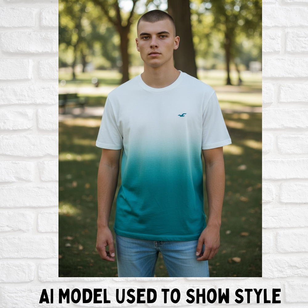 Hollister Must-Have Collection T-Shirt Small S White Teal Ombre Dip Dye Cotton