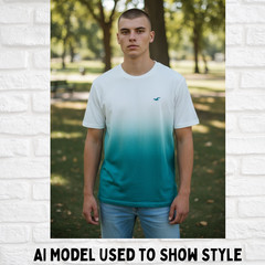 Hollister Must-Have Collection T-Shirt Small S White Teal Ombre Dip Dye Cotton