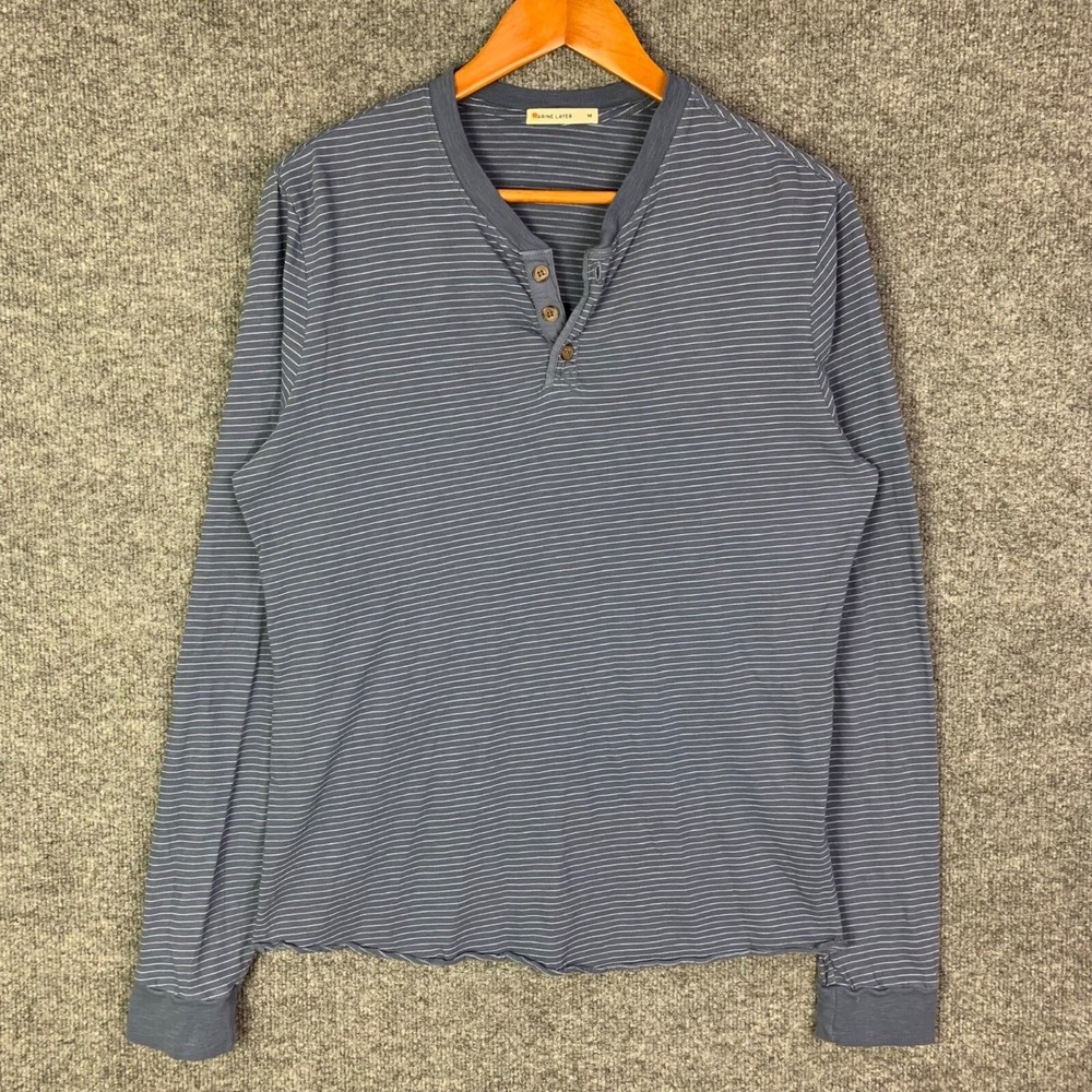 Marine Layer Henley Shirt Men Sz Medium Striped Long Sleeve Pullover