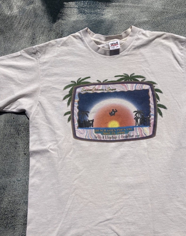Vintage Beach Goes Pops Orchestra Single Stitch Tee Shirt 90s Trippy Art 1998