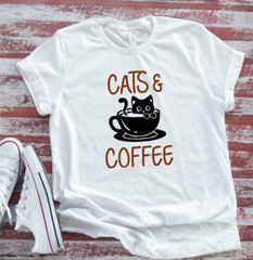 Cats and Coffee, Unisex White Short Sleeve T-shirt