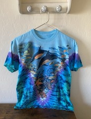 Vintage 90s Y2K Liquid Blue Aquatic Oceanlife Tie Dye Shirt Medium Fish Animals
