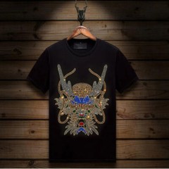 New Men Luxury Rhinestones Fashion Diamonds Black White T-Shirt High Quality