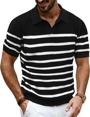 Mens V-Neck Polo Shirt Knit Textured Breathable Summer Casual Top
