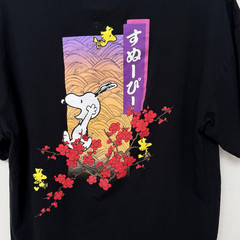 Snoopy Woodstock Peanuts Asian Japanese Black T Shirt Plum Blossoms Size Large