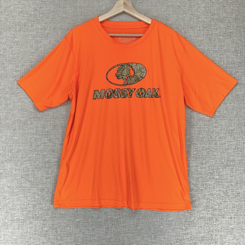Mossy Oak Shirt Mens Large Orange Camo Logo Short Sleeve Polyester Hunting Tee