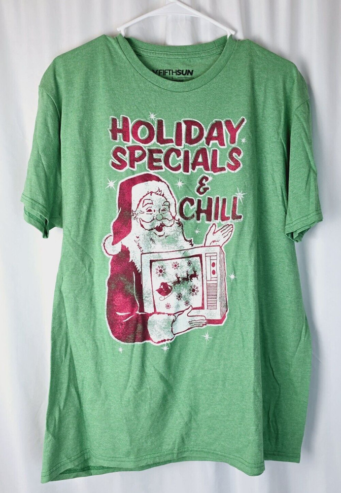 Mens L Christmas T-Shirt Heather Green Santa Claus Holiday Specials & Chill