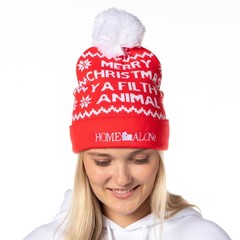 Home Alone Merry Christmas Fold Cuff Pom Adult Knit Beanie Red Winter Hat Cap
