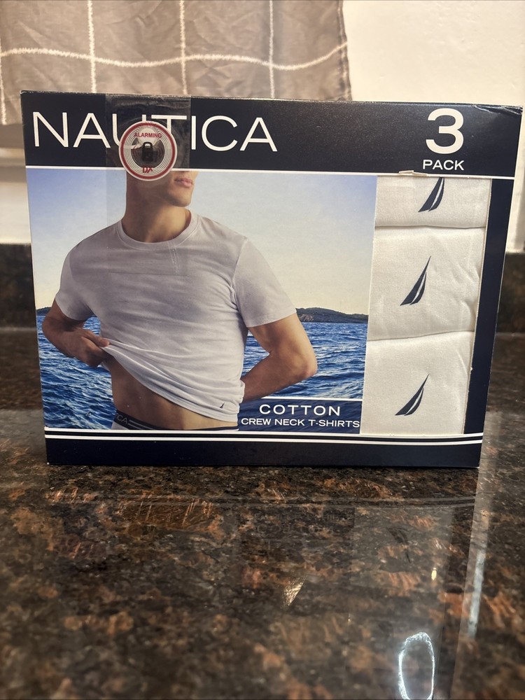 NAUTICA Men XL 3 Pack White Soft Cotton Crew Neck T Shirts w Logo Tag Free – NEW