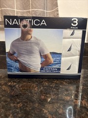 NAUTICA Men XL 3 Pack White Soft Cotton Crew Neck T Shirts w Logo Tag Free – NEW