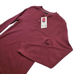 NWT Member’s Mark Thermal Henley Maroon L Waffle Knit Cotton Poly Blend Stretch