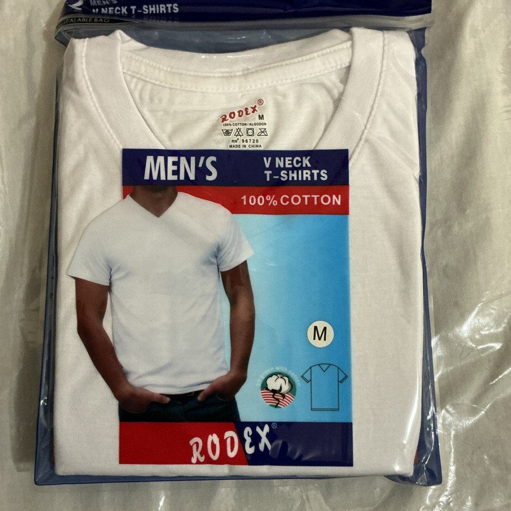 Rodex Men’s V-Neck Breathable Cotton T-Shirt White Short Sleeve Size M