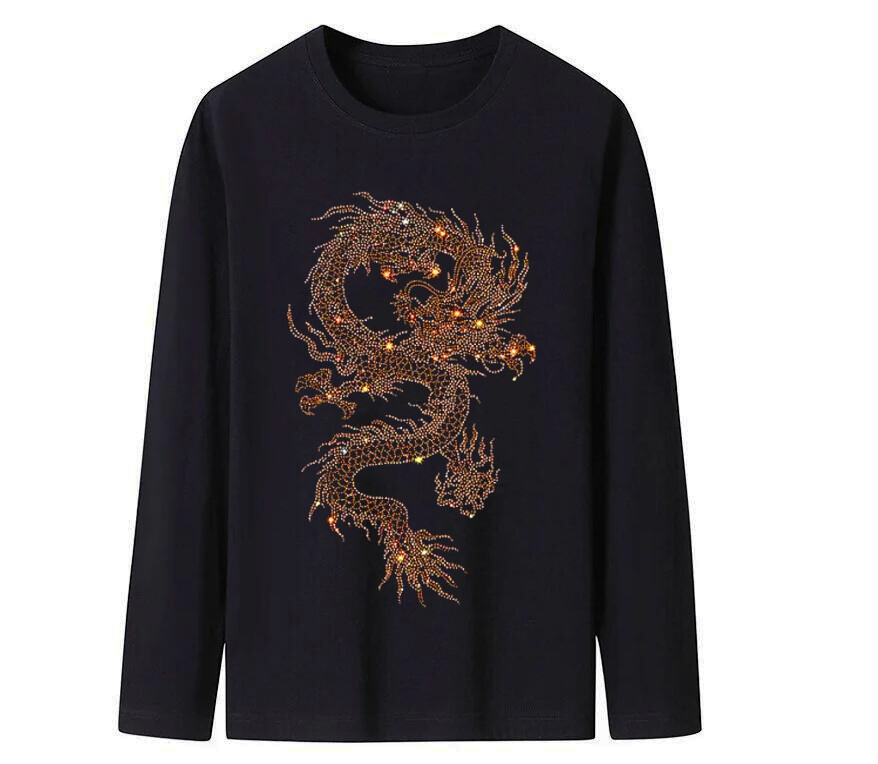 New Men Luxury Diamond Dragon Rhinestones Fashion Black T-Shirt High Quality