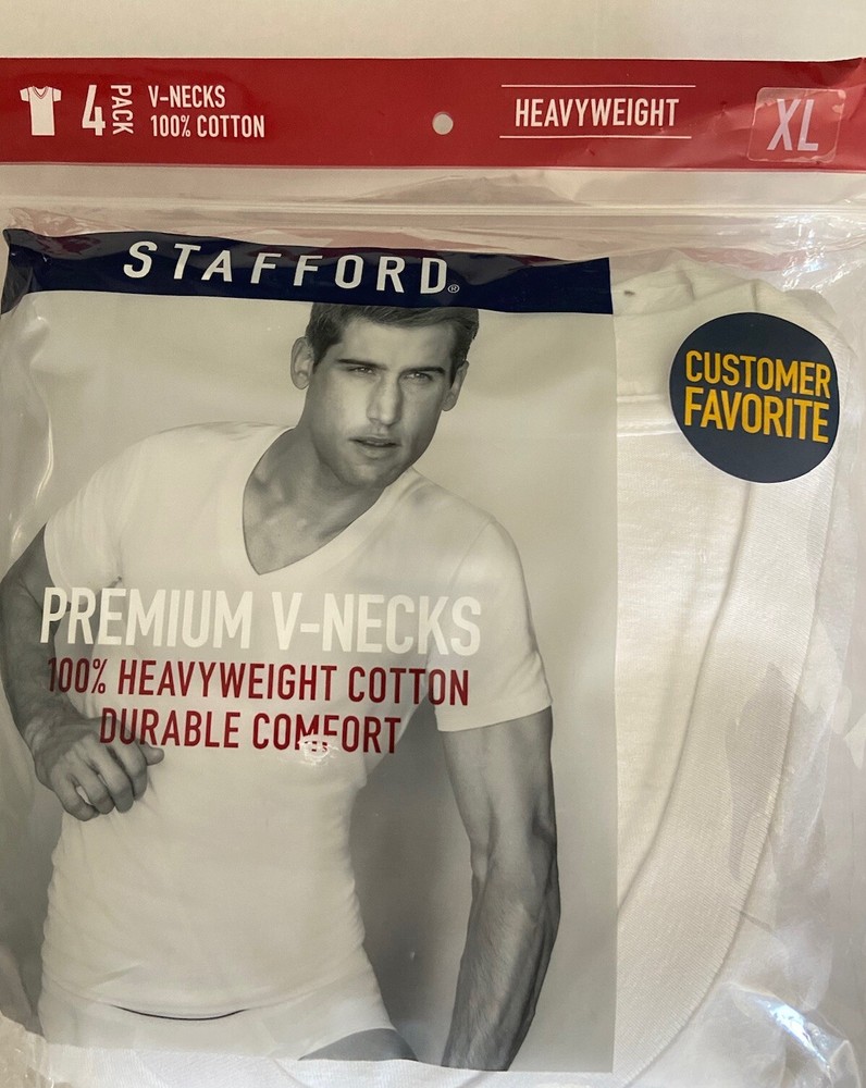 Stafford 4-Pack XL, Men’s Heavy Weight 100% Cotton V-Neck T-Shirt White X-Large.